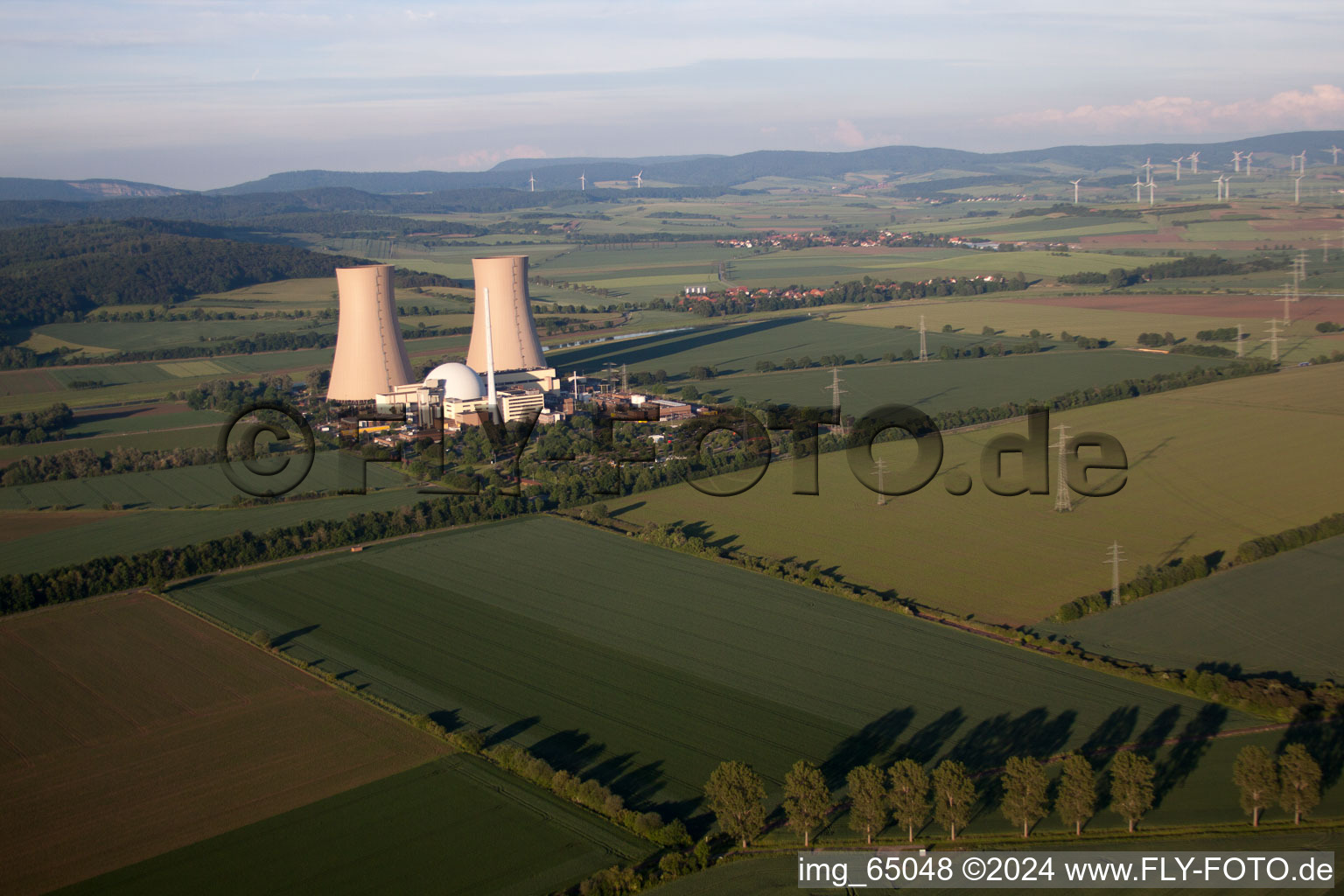 Aerial view of Nuclear power plant in the district Grohnde in Emmerthal in the state Lower Saxony, Germany