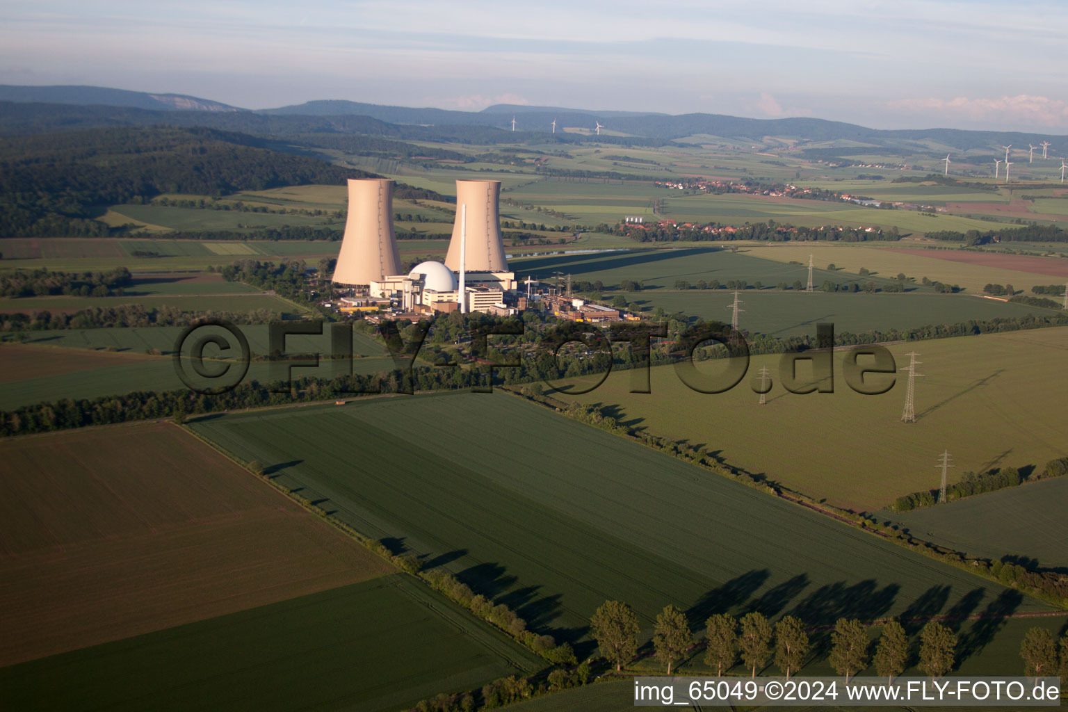 Aerial photograpy of Nuclear power plant in the district Grohnde in Emmerthal in the state Lower Saxony, Germany