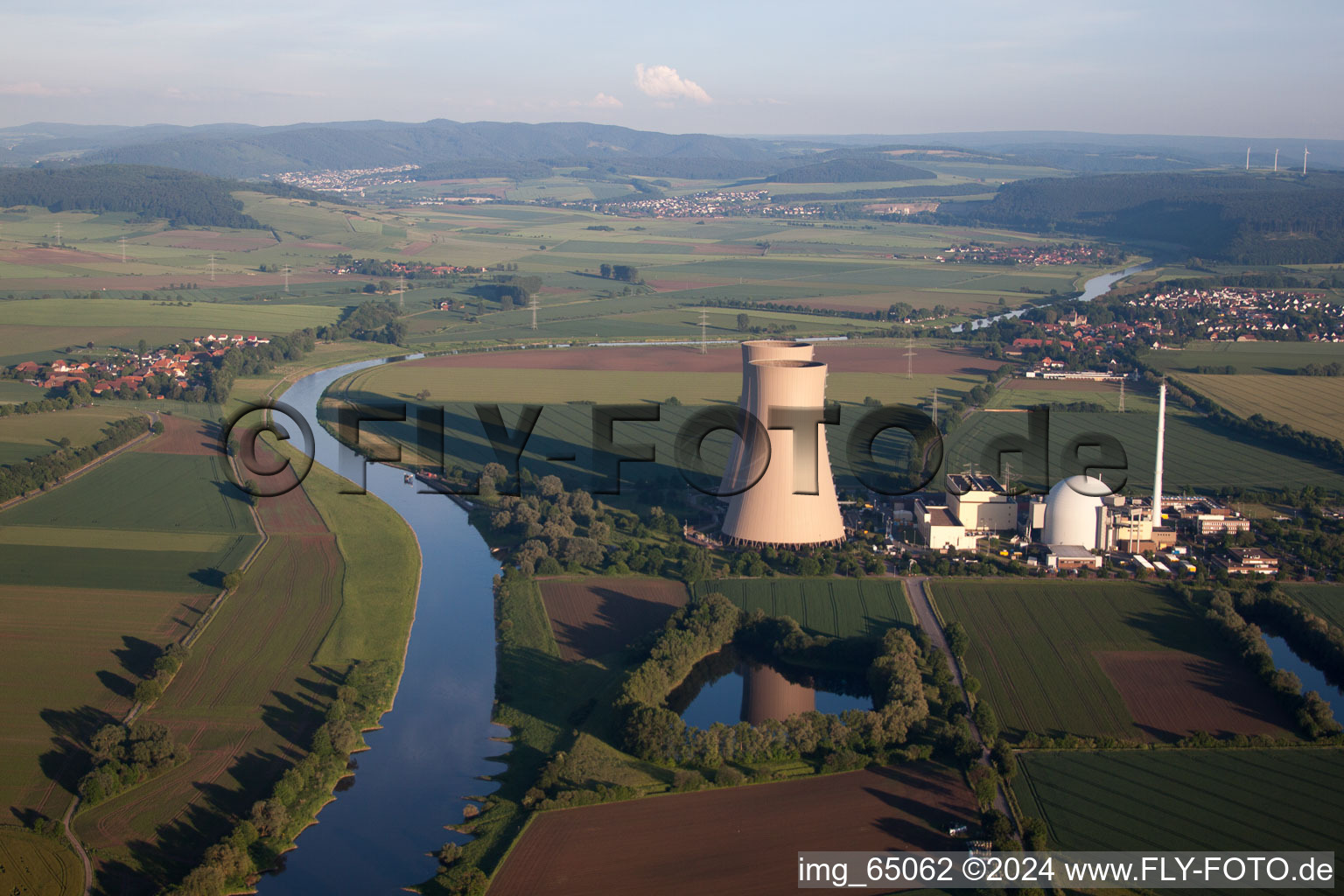 Aerial view of Building remains of the reactor units and facilities of the NPP nuclear power plant in Emmerthal in the state Lower Saxony