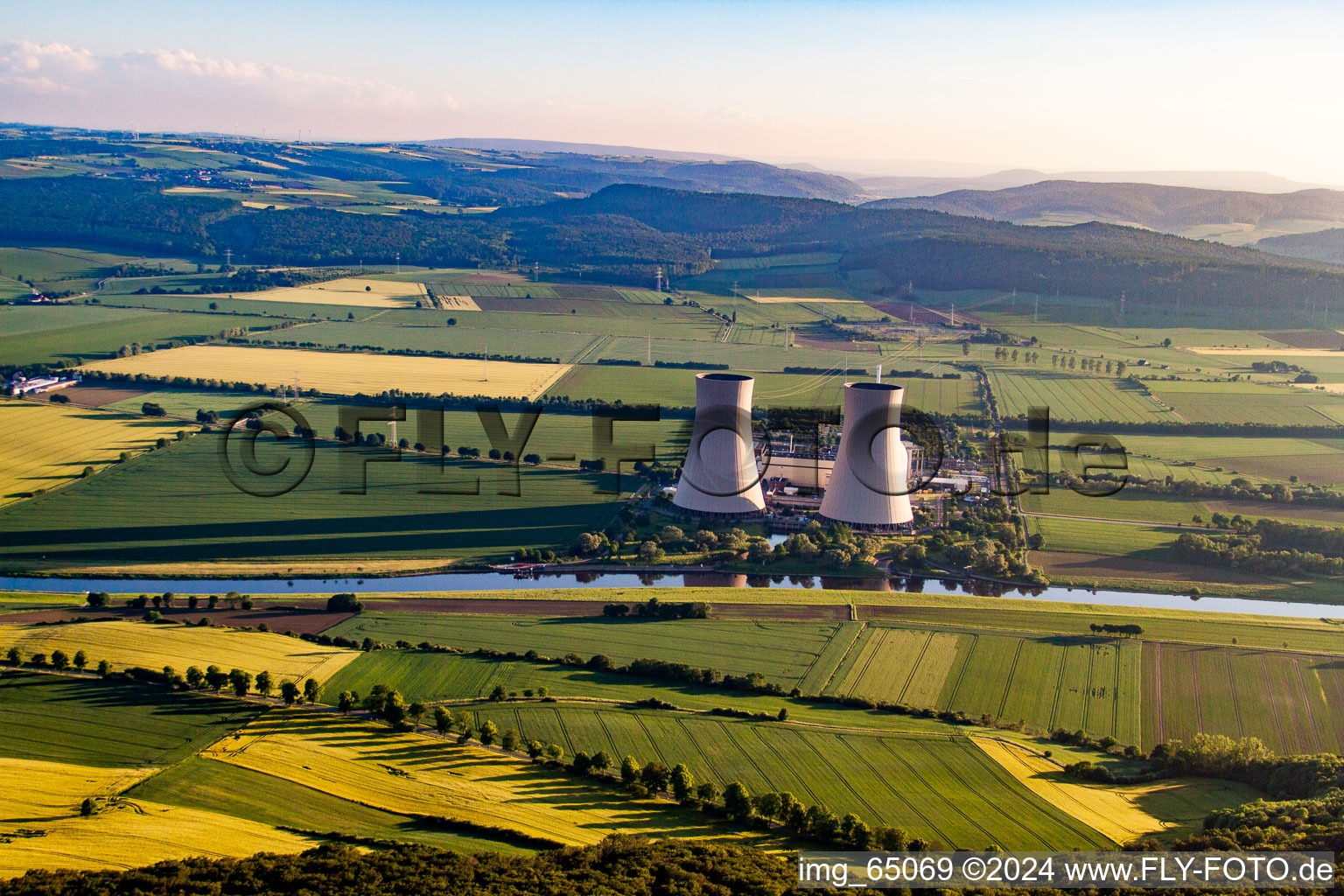 Bird's eye view of Nuclear power plant in the district Grohnde in Emmerthal in the state Lower Saxony, Germany