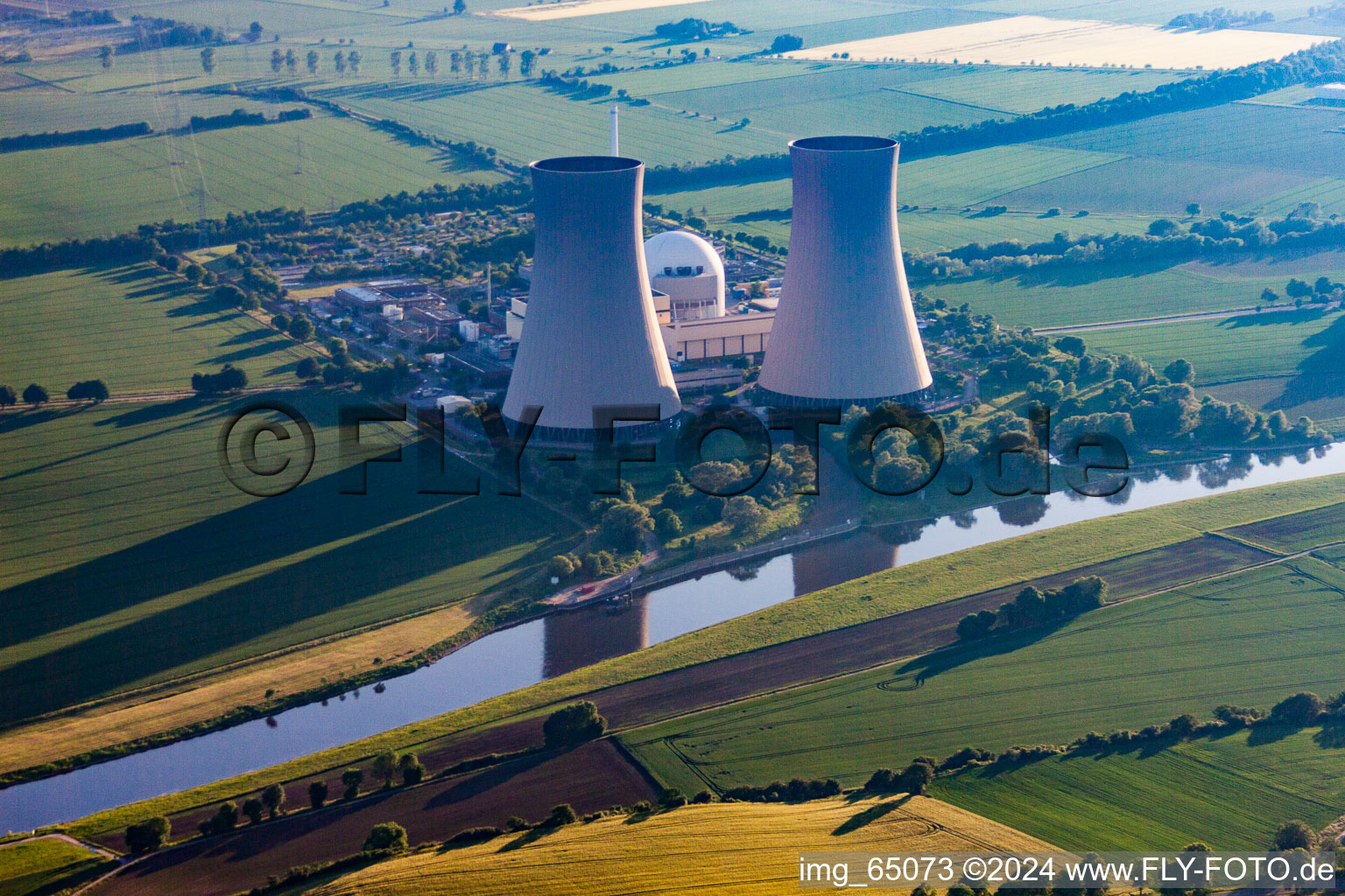 Drone recording of Nuclear power plant in the district Grohnde in Emmerthal in the state Lower Saxony, Germany