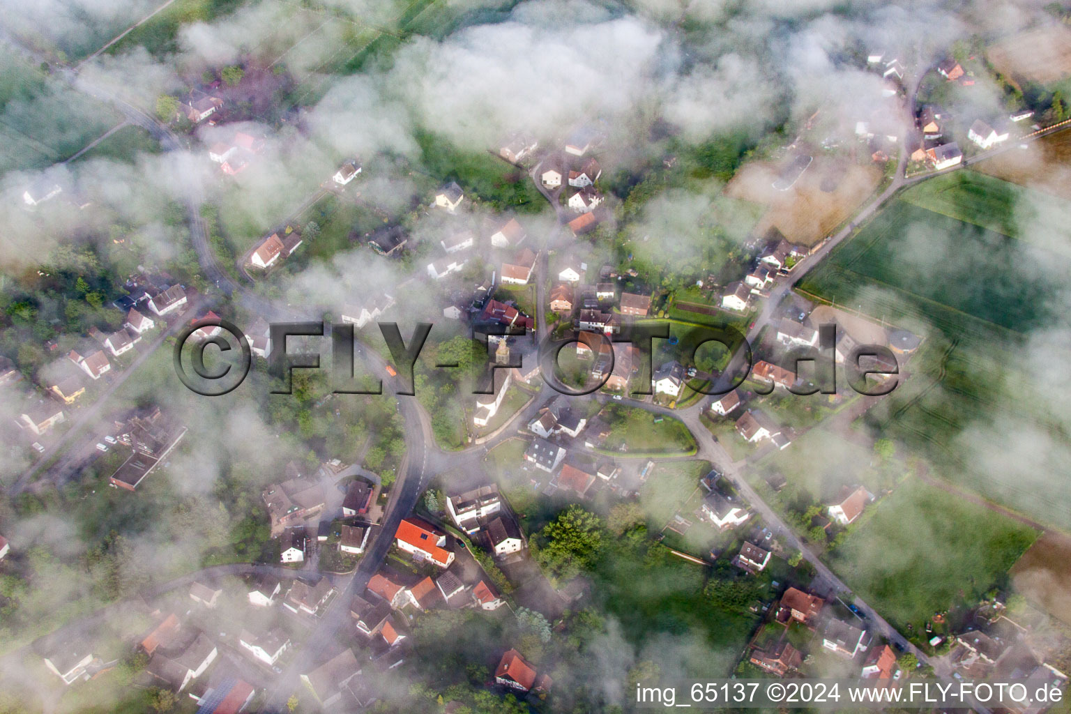 Place in the fog in the district Bödexen in Höxter in the state North Rhine-Westphalia, Germany