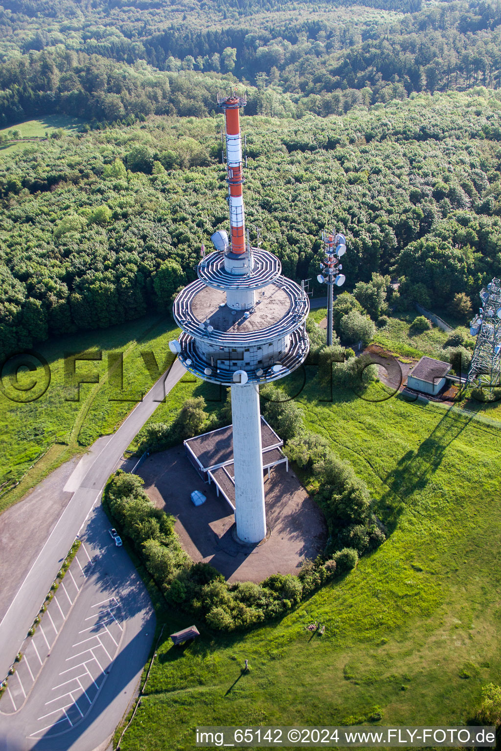 Aerial view of Radio tower and transmitter on the crest of the mountain range Koeterberg in Luegde in the state North Rhine-Westphalia, Germany