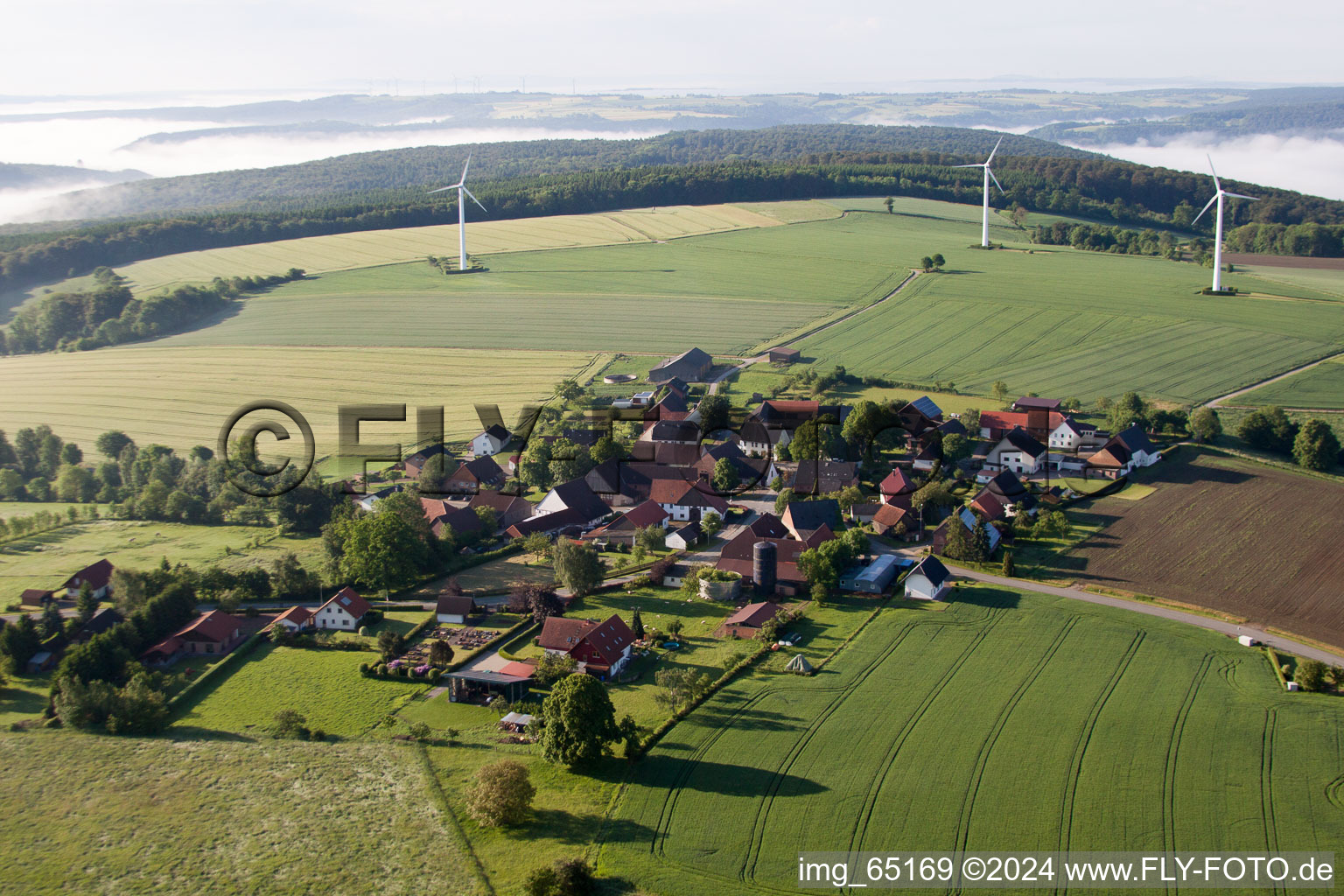 Aerial view of Wind turbine windmills on a field in the district Bremerberg in Marienmuenster in the state North Rhine-Westphalia