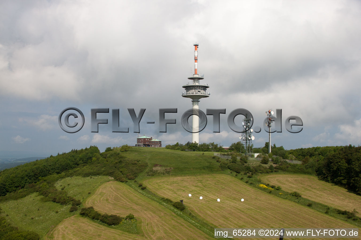 Oblique view of Telecommunication tower Köterberg and radio installation STOB791884 and STOB790269 on the Köterberg in the district Köterberg in Lügde in the state North Rhine-Westphalia, Germany