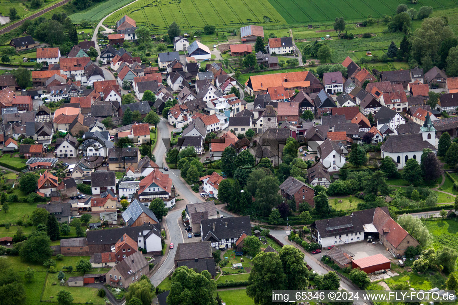 Town View of the streets and houses of the residential areas in the district Amelunxen in Beverungen in the state North Rhine-Westphalia