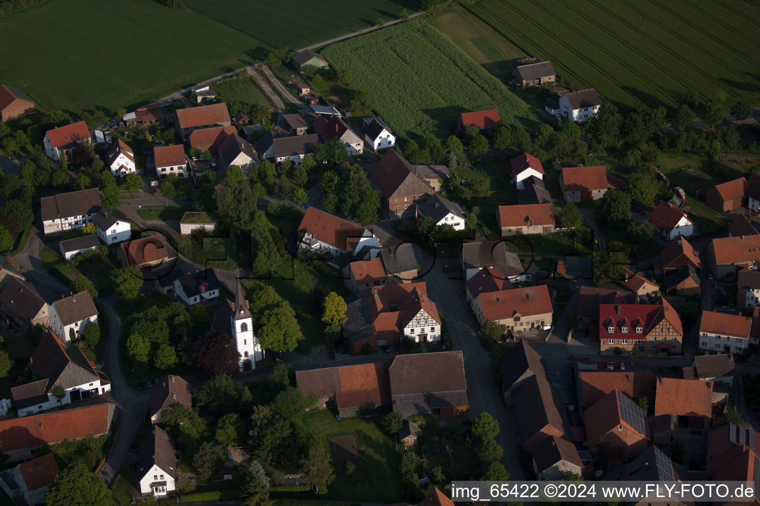 Aerial photograpy of Church building St. Bartholomaeus-Kirche in Tietelsen in the state North Rhine-Westphalia, Germany
