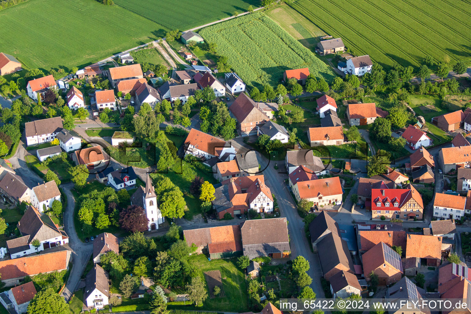 Aerial photograpy of Church building St. Bartholomaeus-Kirche in Tietelsen in the state North Rhine-Westphalia, Germany