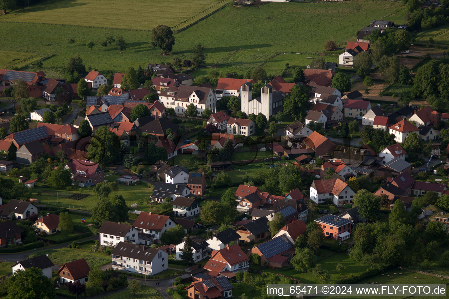 Aerial view of Town View of the streets and houses of the residential areas in the district Boekendorf in Brakel in the state North Rhine-Westphalia