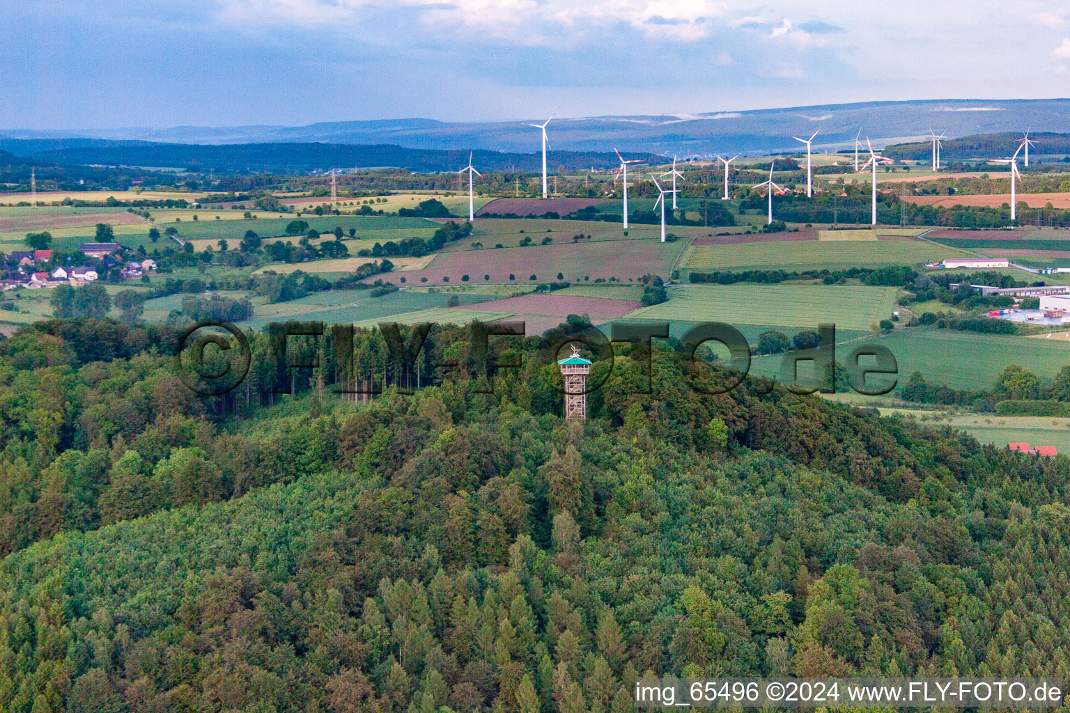 Hungerberg observation tower in front of the wind farm in the district Vörden in Marienmünster in the state North Rhine-Westphalia, Germany