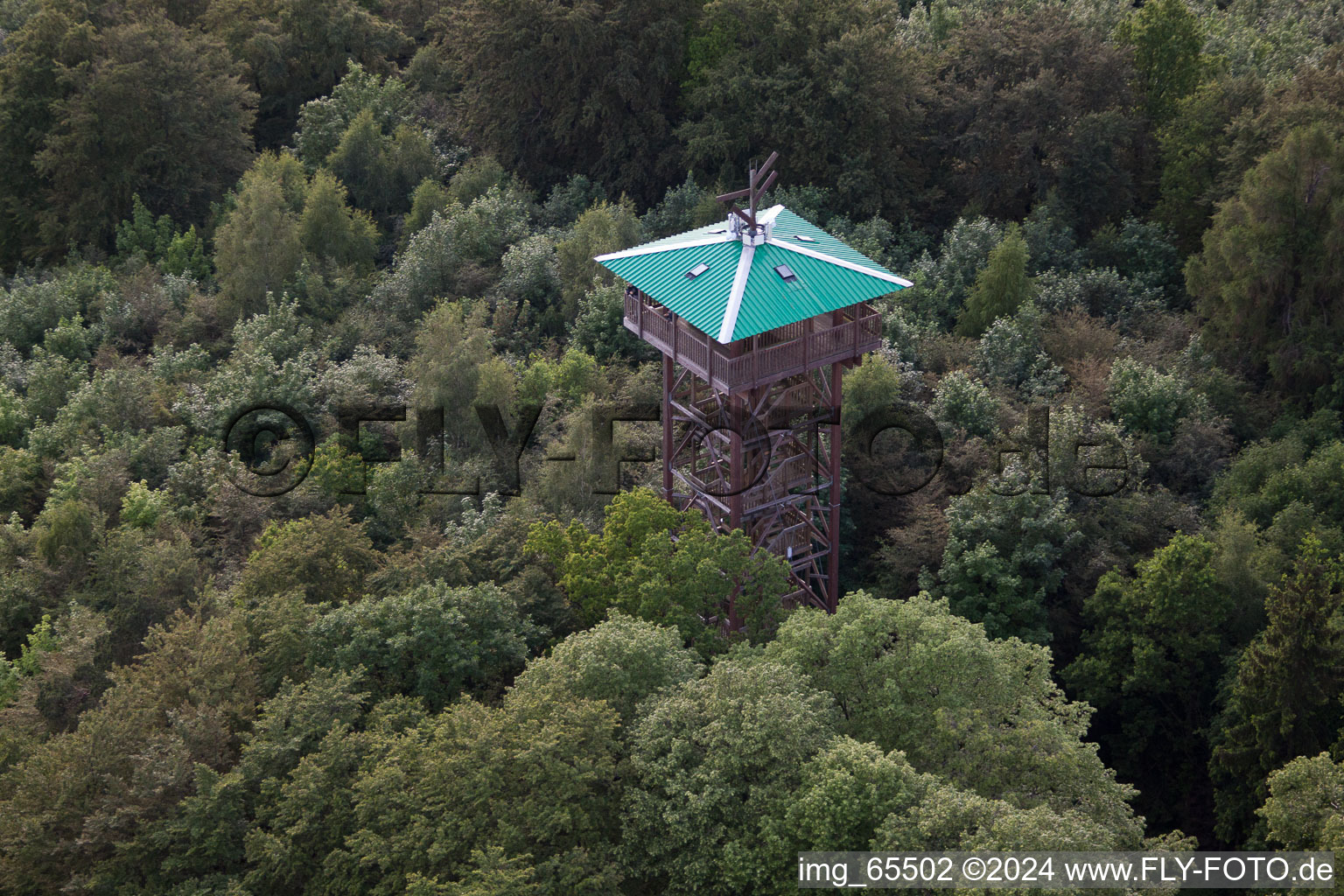 Aerial view of Hungerberg observation tower in the district Vörden in Marienmünster in the state North Rhine-Westphalia, Germany