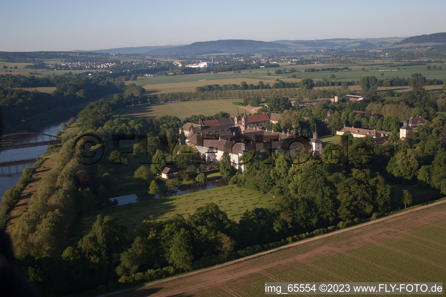 Aerial photograpy of Corvey Castle in Höxter in the state North Rhine-Westphalia, Germany