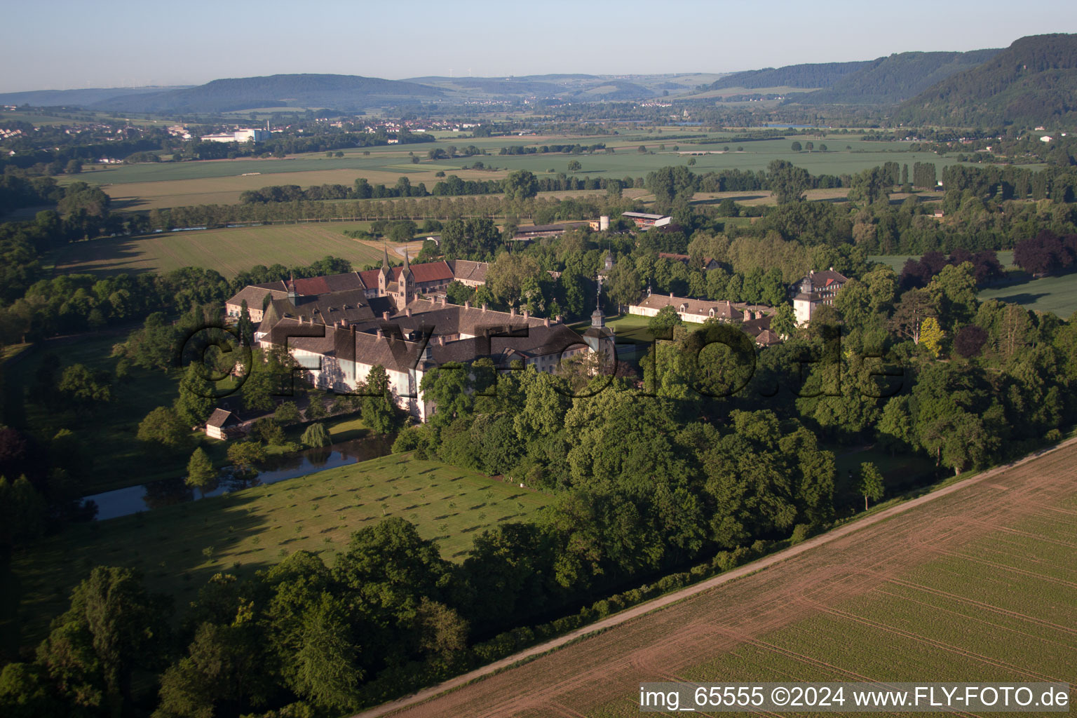 Oblique view of Corvey Castle in Höxter in the state North Rhine-Westphalia, Germany