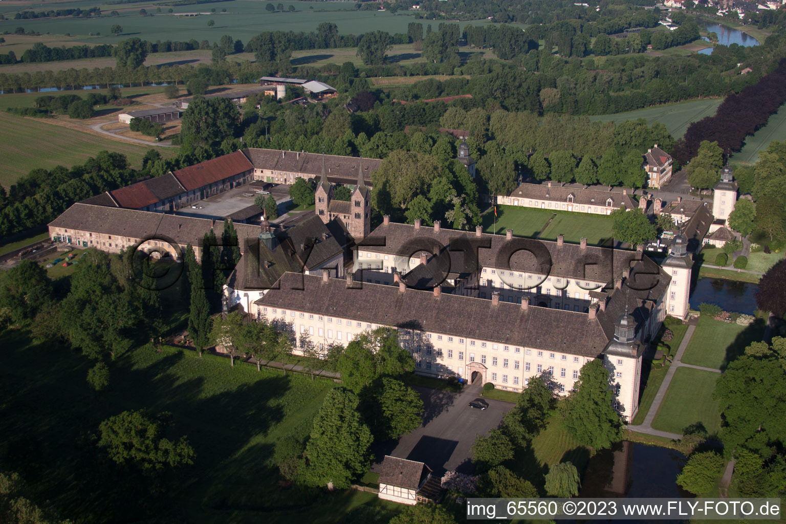 Corvey Castle in Höxter in the state North Rhine-Westphalia, Germany seen from above