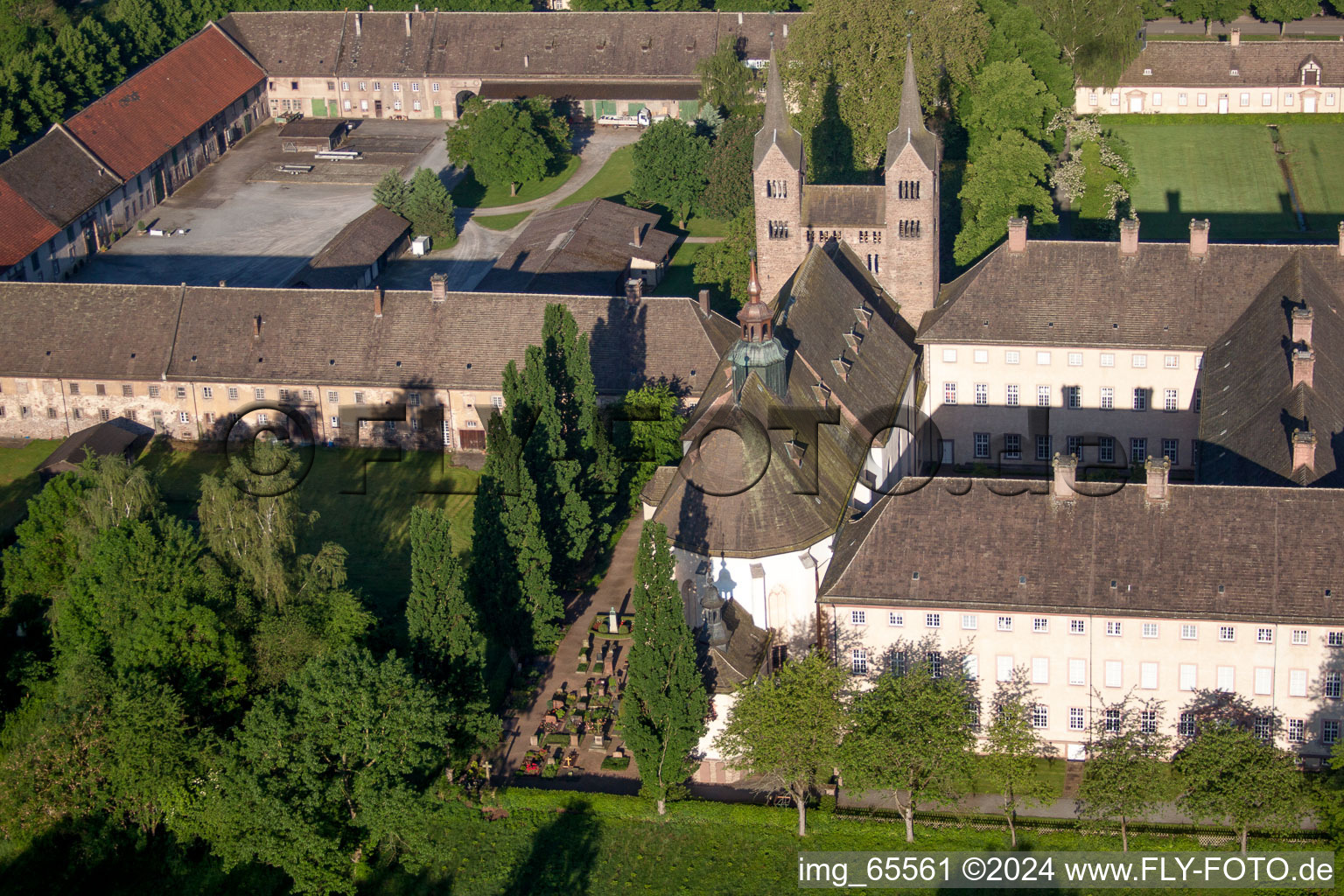 Aerial photograpy of Complex of buildings of the monastery Schloss/Kloster Corvey (UNESCO Weltkulturerbe) in Hoexter in the state North Rhine-Westphalia, Germany