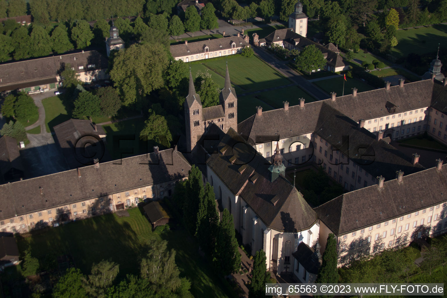 Corvey Castle in Höxter in the state North Rhine-Westphalia, Germany from the plane