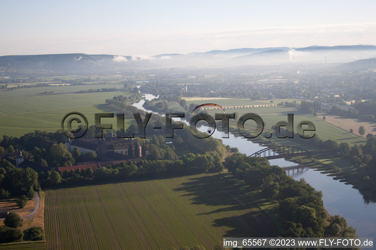 Aerial photograpy of River - bridge construction about the Weser in Hoexter in the state North Rhine-Westphalia, Germany