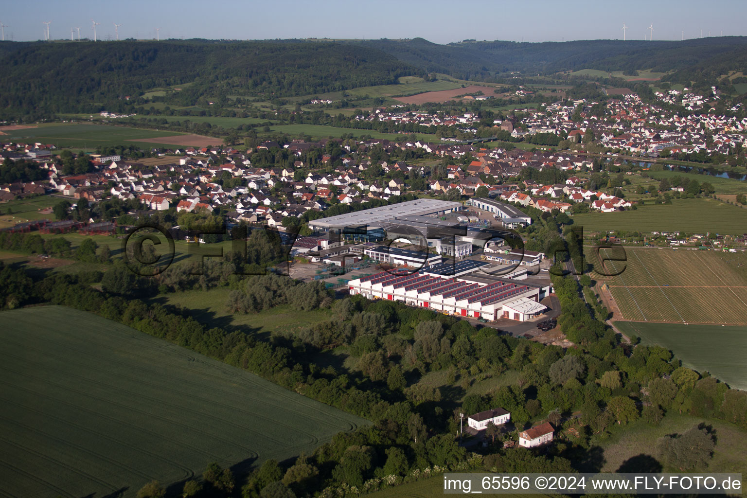 Aerial view of Town View of the streets and houses of the residential areas in Lauenfoerde in the state Lower Saxony