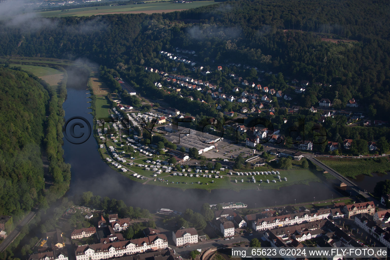 Aerial view of Camping with caravans and tents in the district Karlshafen in Bad Karlshafen in the state Hesse