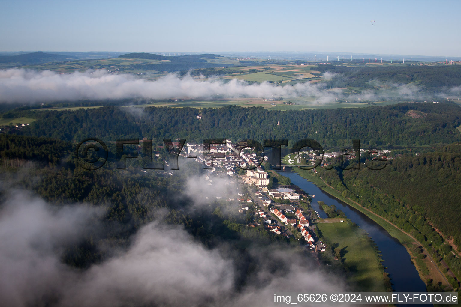 Aerial view of Town on the banks of the river of the Weser river in the district Karlshafen in Bad Karlshafen in the state Hesse