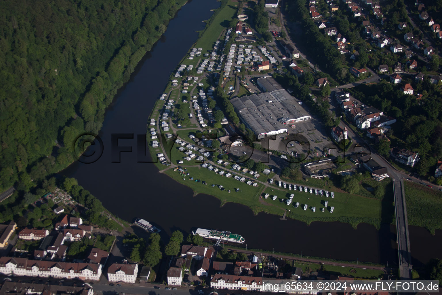 Aerial photograpy of Camping with caravans and tents in the district Karlshafen in Bad Karlshafen in the state Hesse