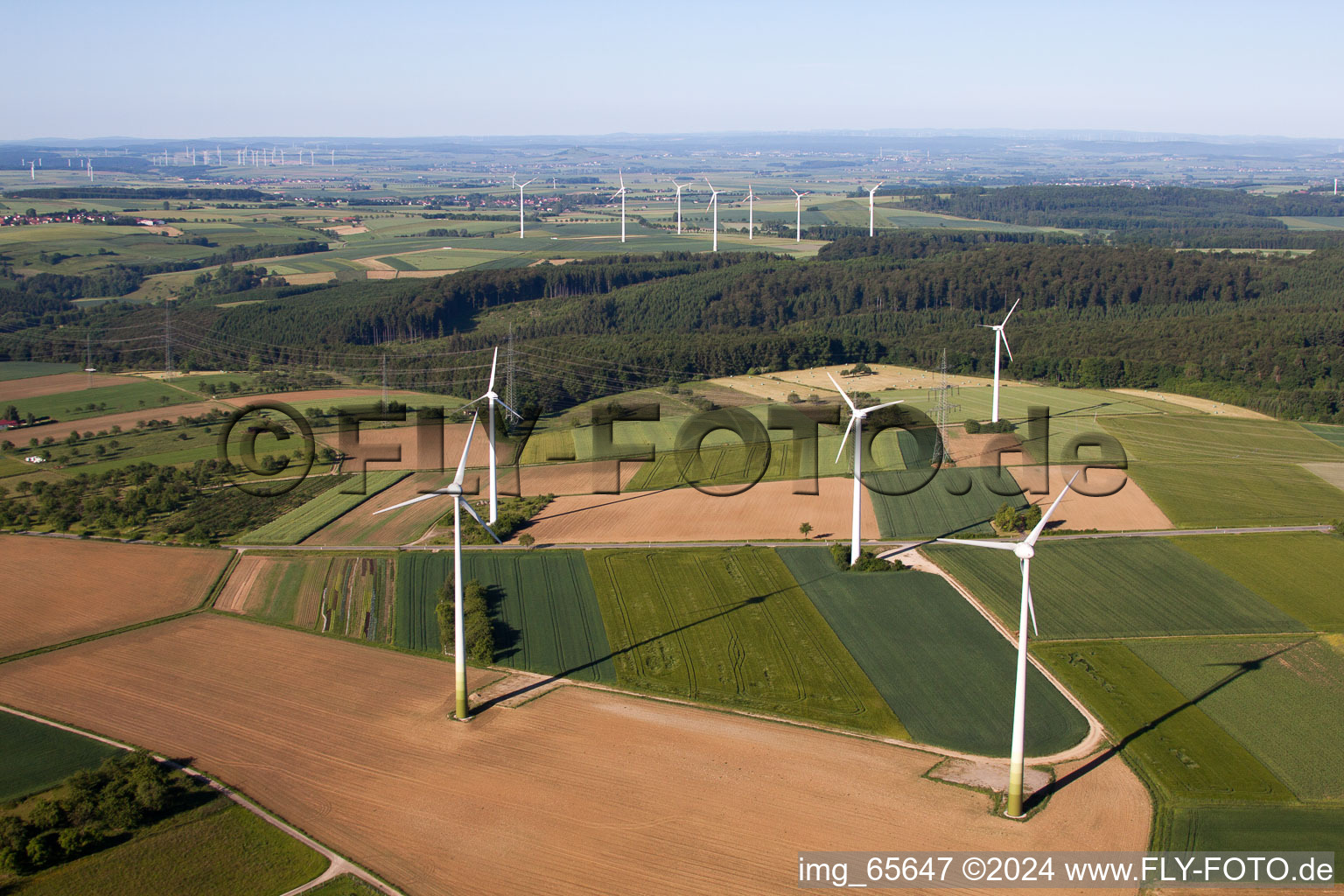 Aerial view of Wind farm Haarbrück-Wortberg in the district Haarbrück in Beverungen in the state North Rhine-Westphalia, Germany