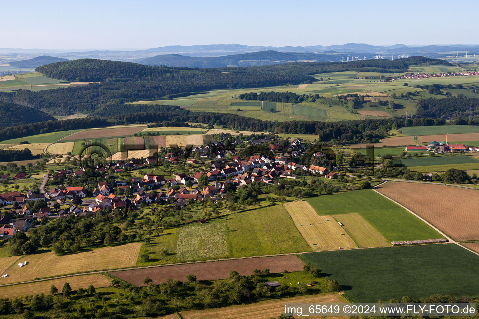 Aerial view of Village view in the district Langenthal in Trendelburg in the state Hesse, Germany