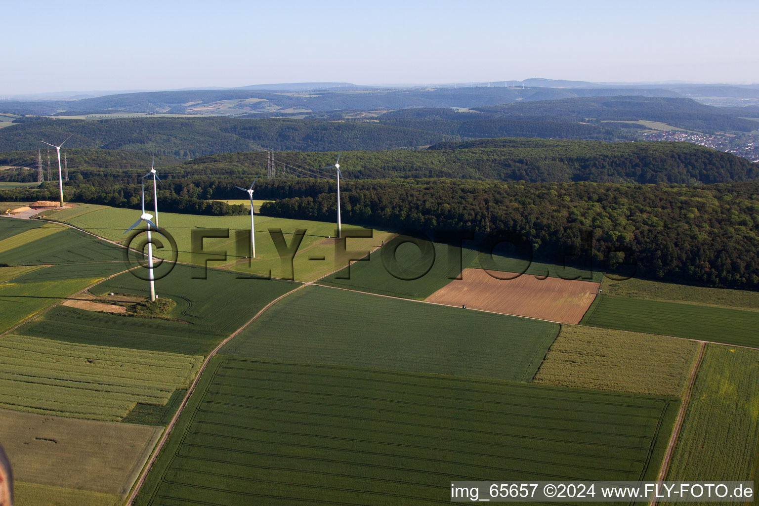 Aerial photograpy of Wind farm Haarbrück-Wortberg in the district Haarbrück in Beverungen in the state North Rhine-Westphalia, Germany