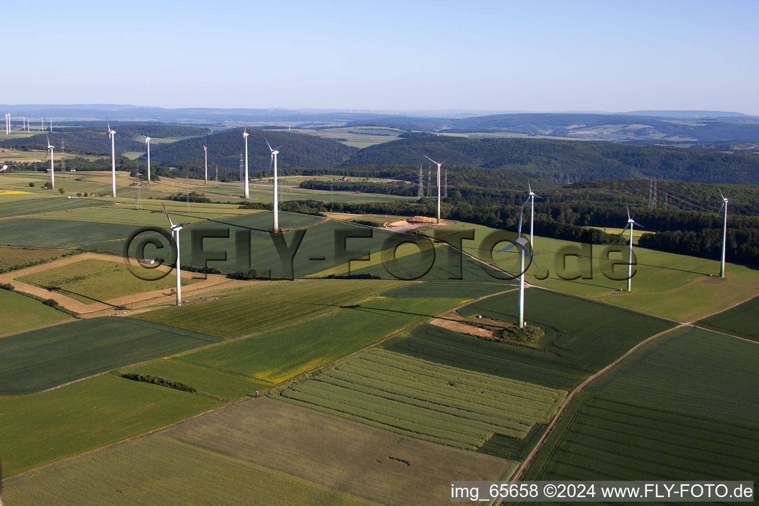 Oblique view of Wind farm Haarbrück-Wortberg in the district Haarbrück in Beverungen in the state North Rhine-Westphalia, Germany