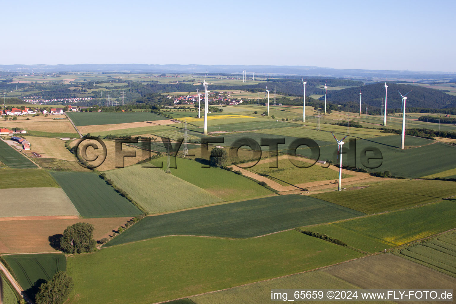 Wind farm Haarbrück-Wortberg in the district Haarbrück in Beverungen in the state North Rhine-Westphalia, Germany from above