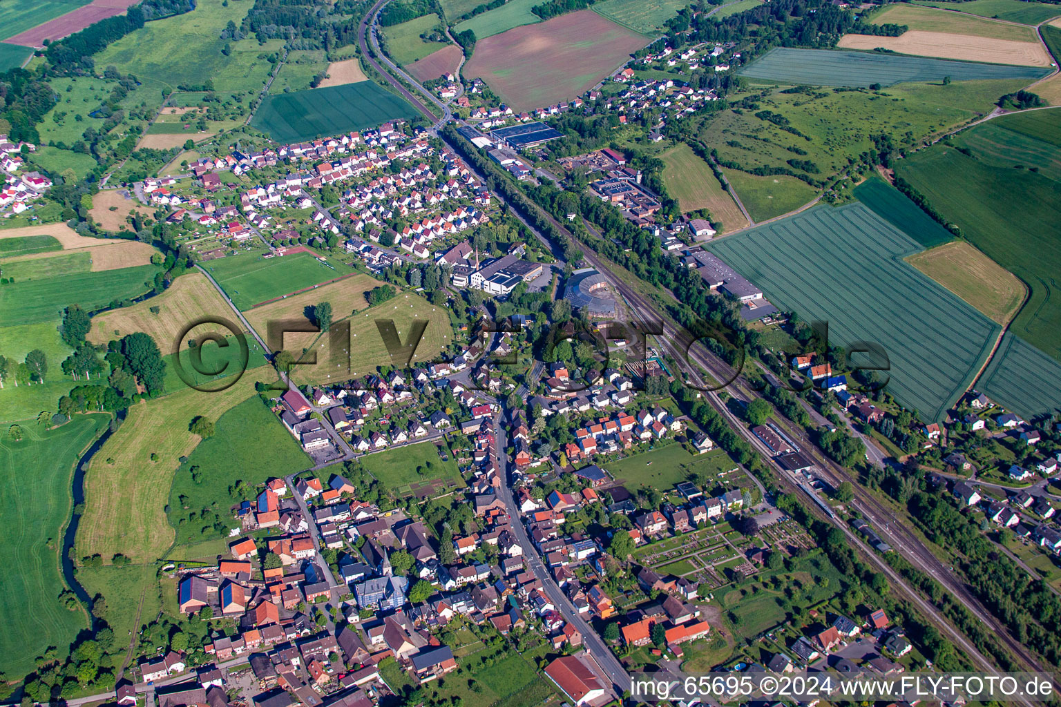 Aerial view of District Ottbergen in Höxter in the state North Rhine-Westphalia, Germany