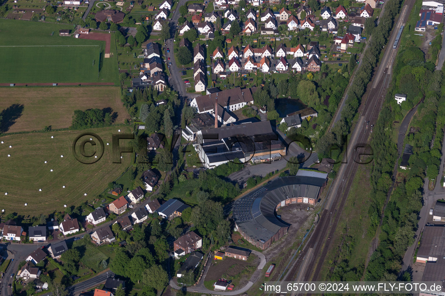 Aerial view of Railway depot and repair shop for maintenance and repair of trains in the district Ottbergen in Hoexter in the state North Rhine-Westphalia, Germany