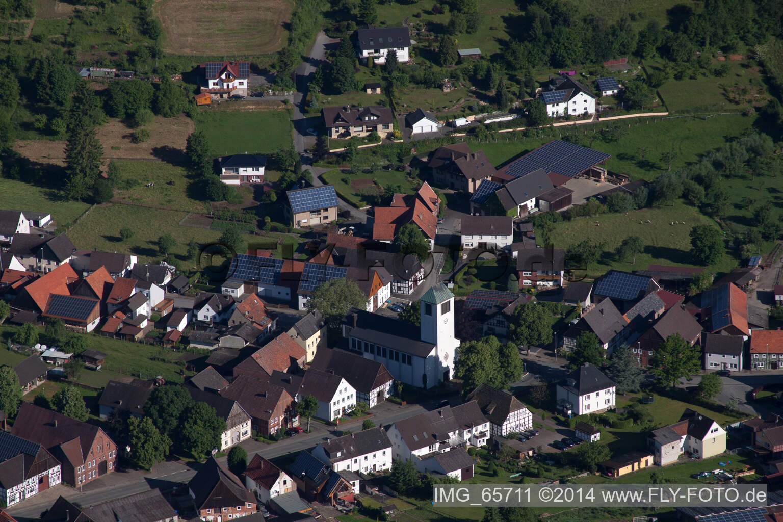 Aerial view of Church building in Ovenhausen in the state North Rhine-Westphalia, Germany