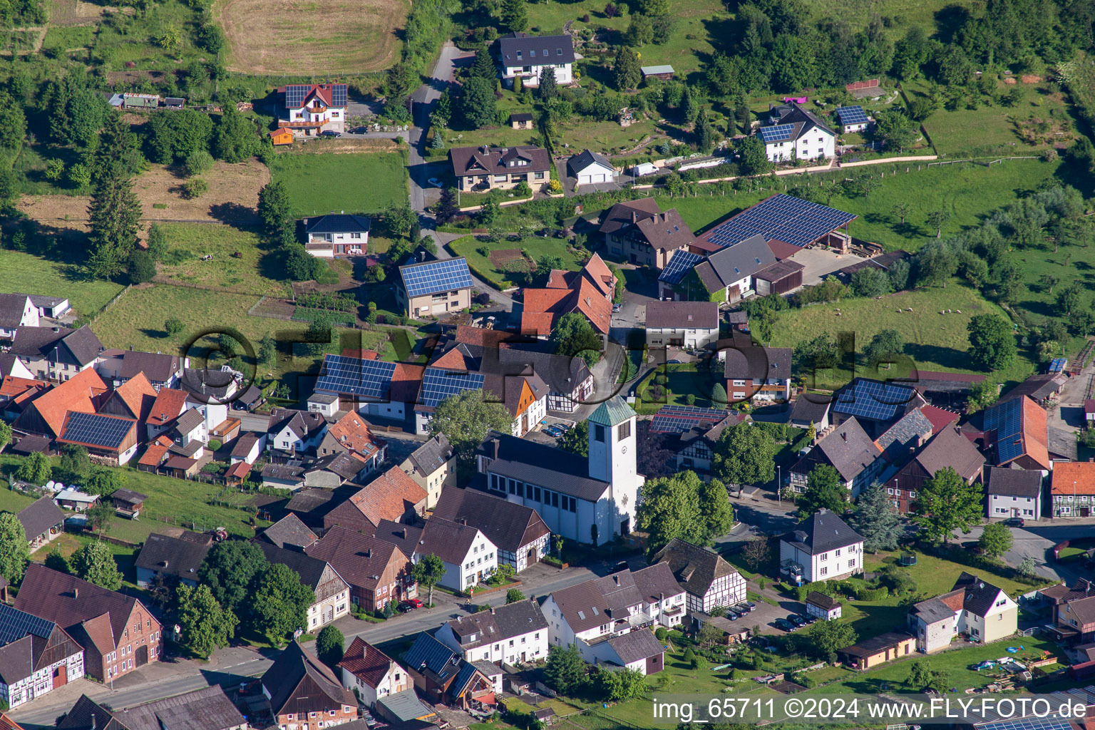 Aerial view of Church building in Ovenhausen in the state North Rhine-Westphalia, Germany