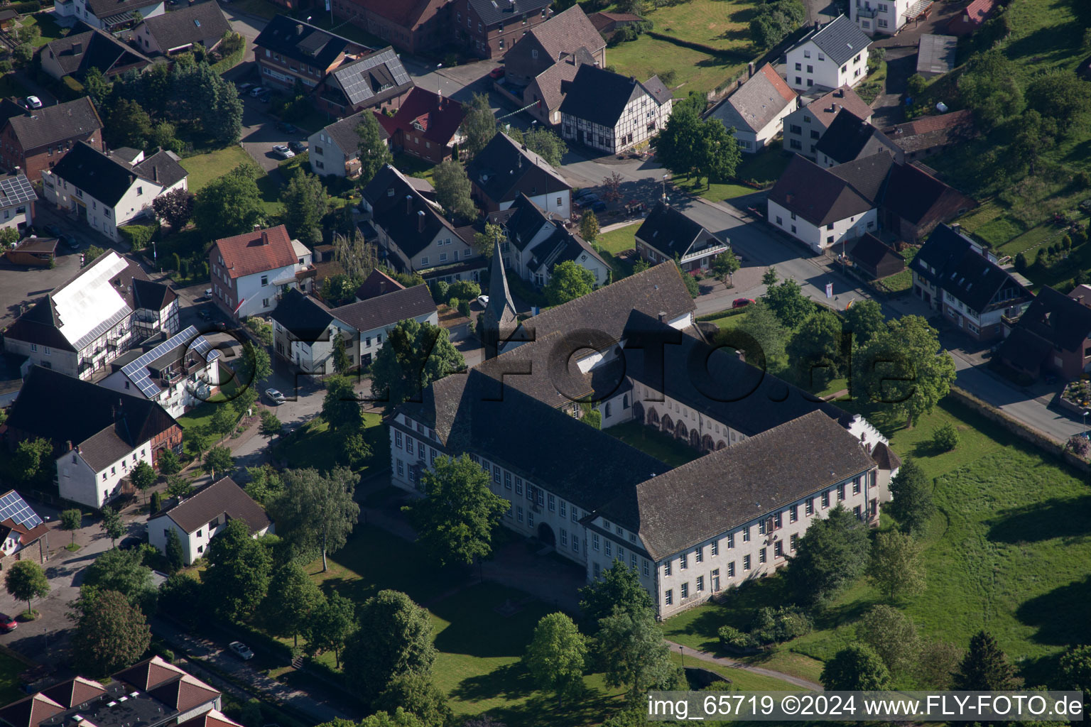 Aerial view of Complex of buildings of the monastery Koptisch-Othodoxes Kloster Propsteistrasse in the district Brenkhausen in Hoexter in the state North Rhine-Westphalia