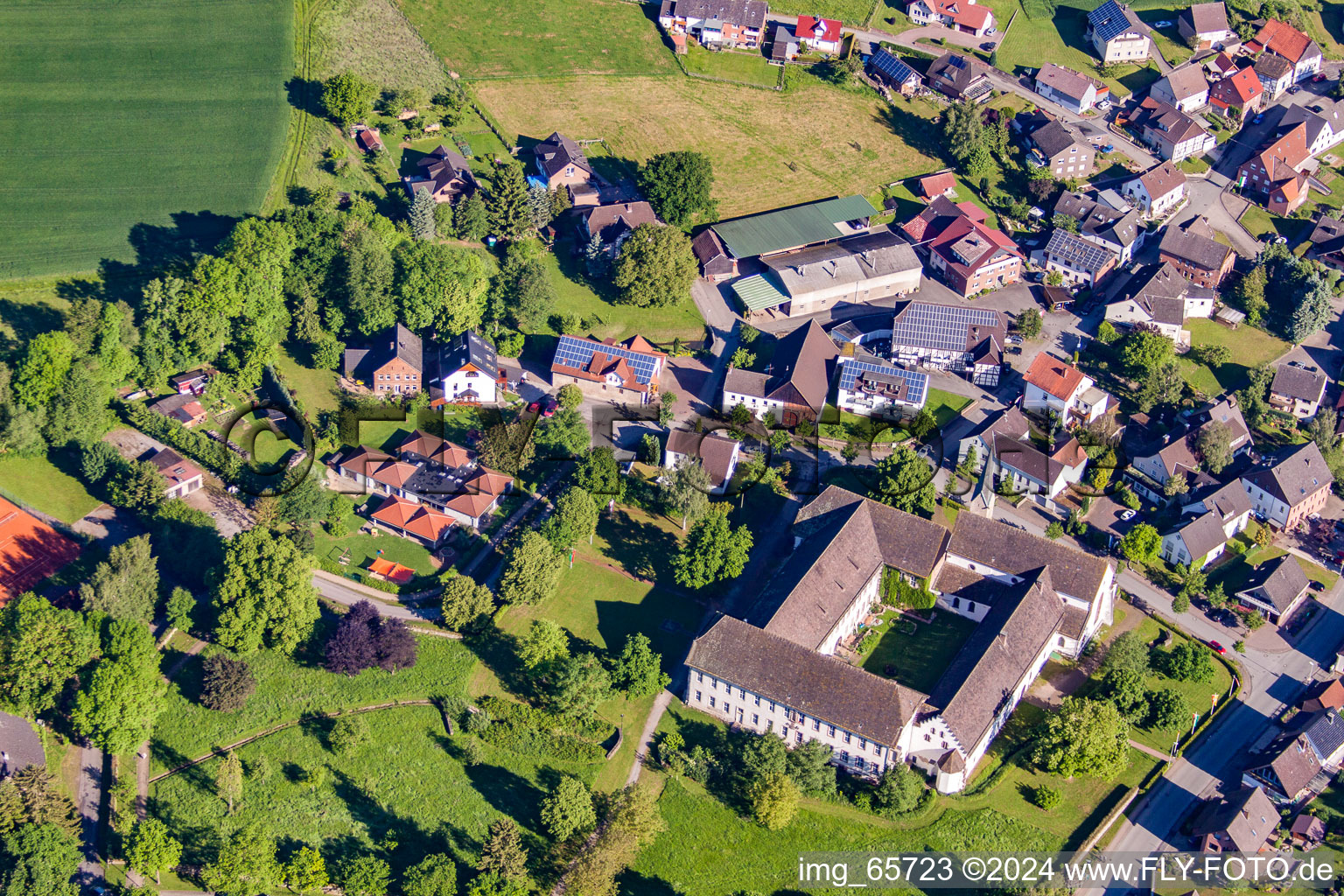 Complex of buildings of the monastery Koptisch-Othodoxes Kloster Propsteistrasse in the district Brenkhausen in Hoexter in the state North Rhine-Westphalia from above