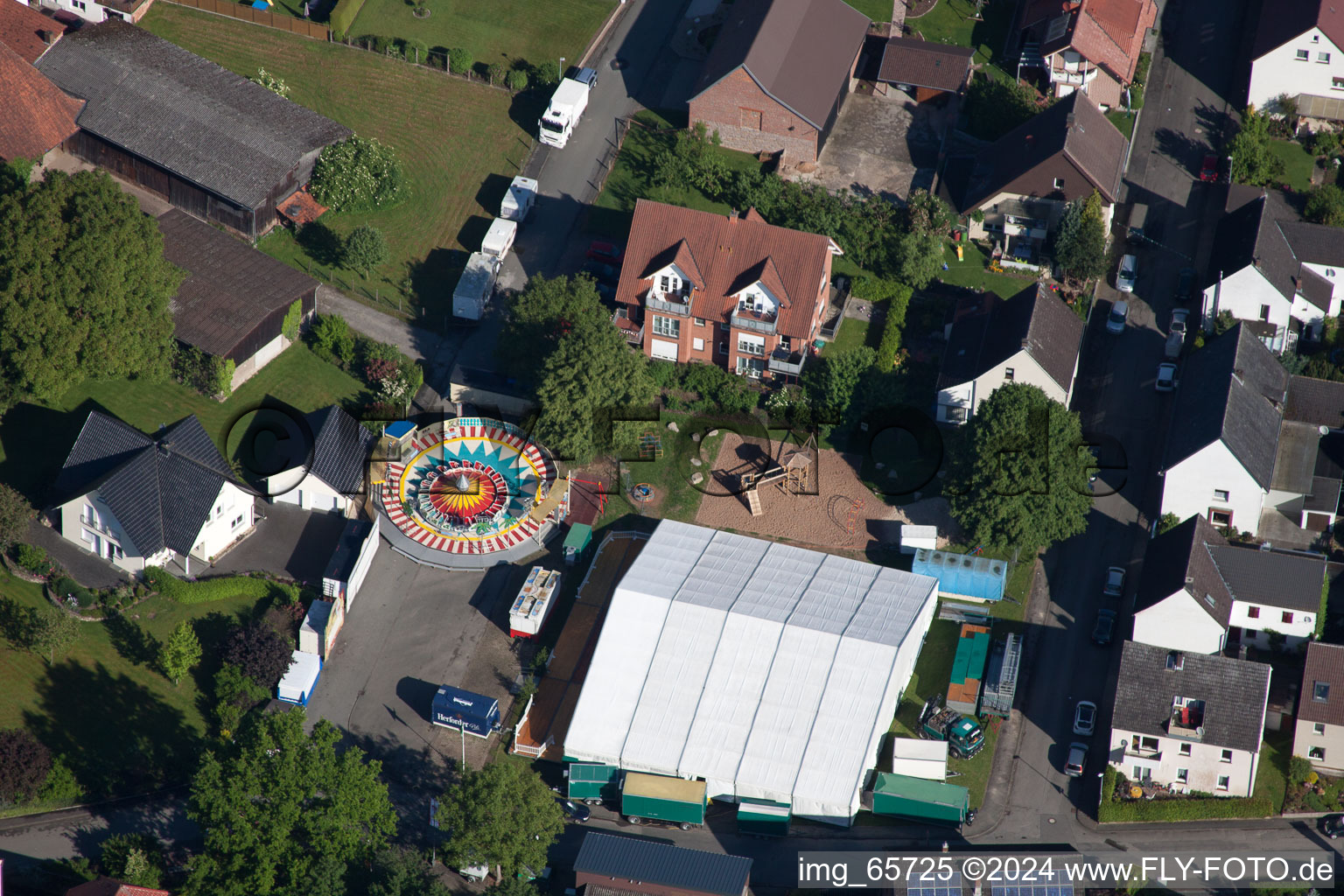 Aerial view of Participants in the Kirchweih festival on the event concert area in the district Brenkhausen in Hoexter in the state North Rhine-Westphalia