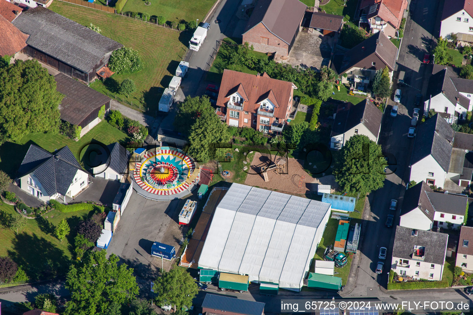 Aerial view of Participants of the Kirchweih Festival on the event concert grounds in the district Brenkhausen in Höxter in the state North Rhine-Westphalia, Germany