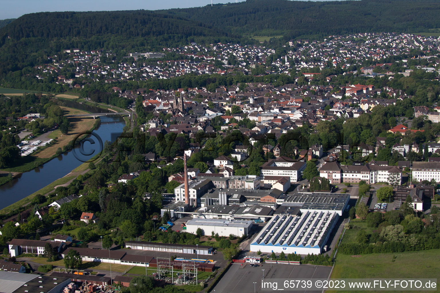 Höxter in the state North Rhine-Westphalia, Germany seen from above