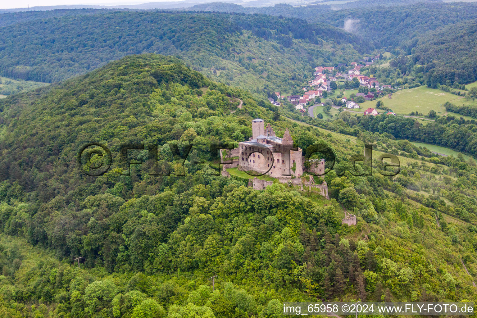 Aerial view of Trimburg Castle in the district Trimberg in Elfershausen in the state Bavaria, Germany