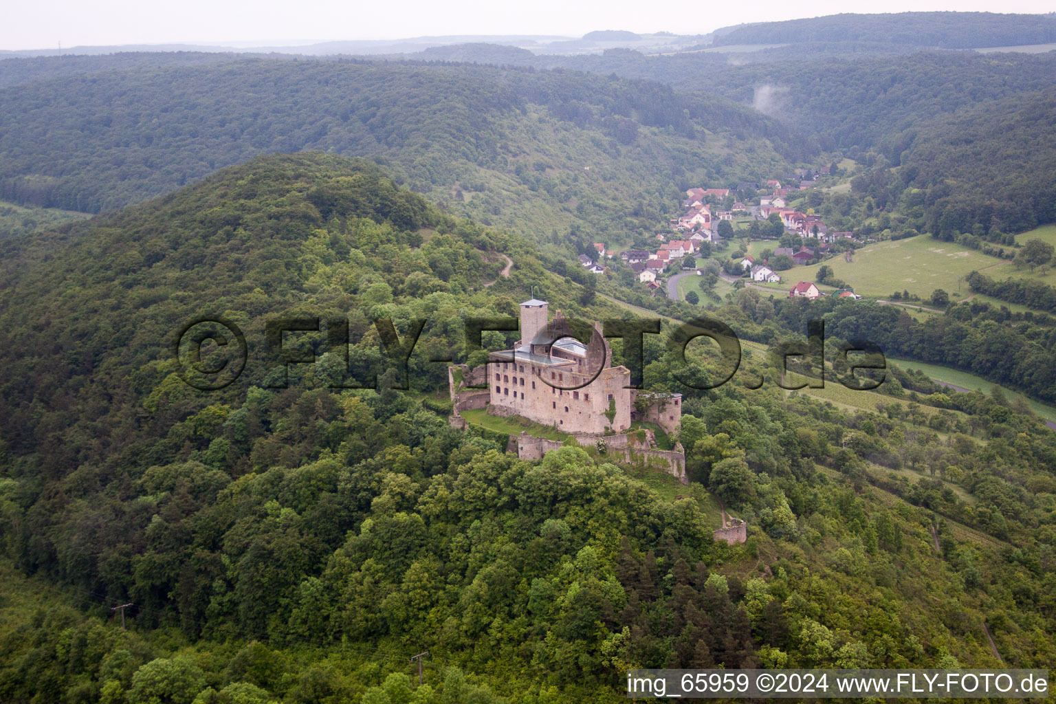 Aerial view of Ruins and vestiges of the former castle and fortress Trimburg in the district Trimberg in Elfershausen in the state Bavaria