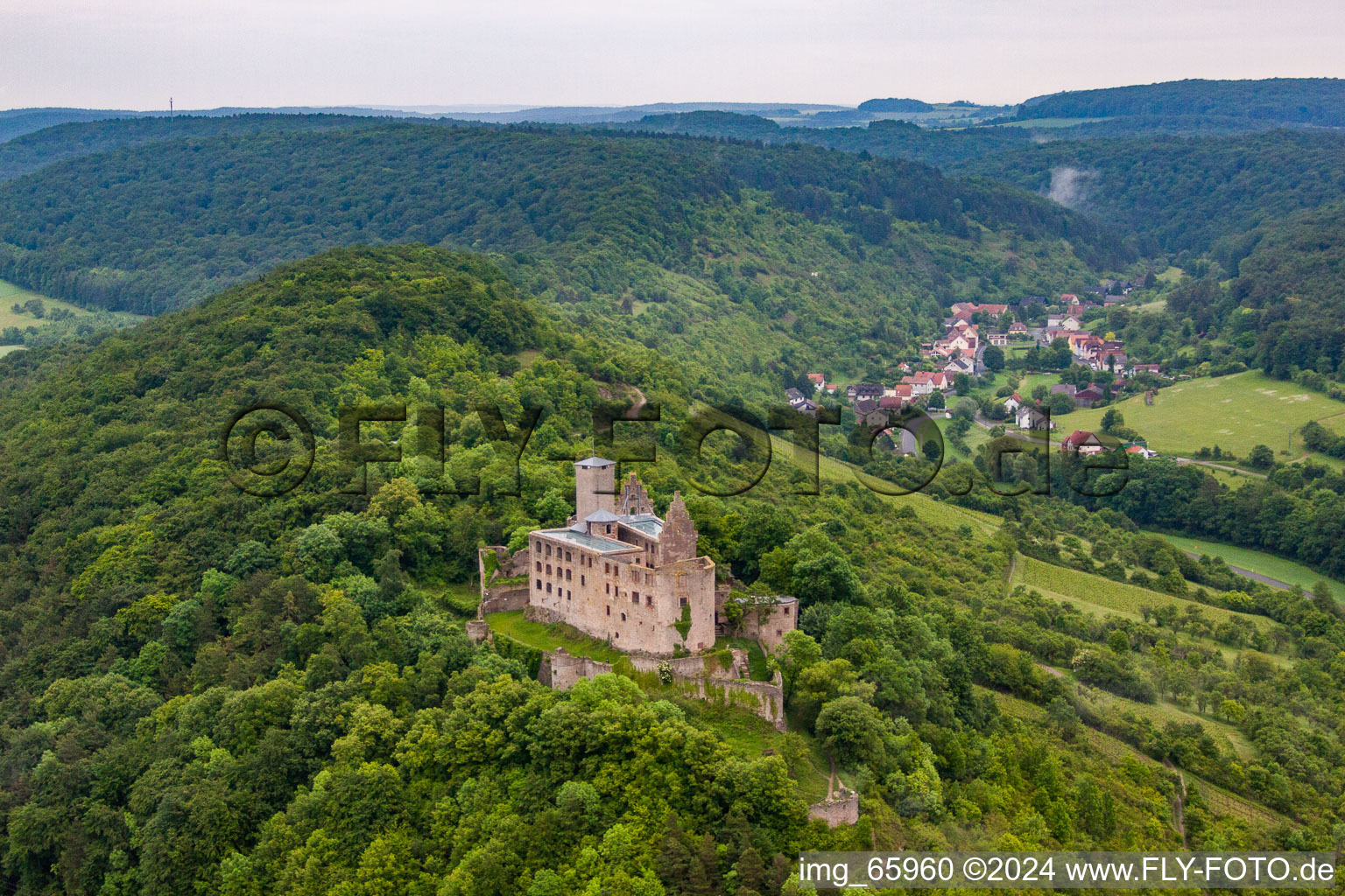 Aerial photograpy of Trimburg Castle in the district Trimberg in Elfershausen in the state Bavaria, Germany