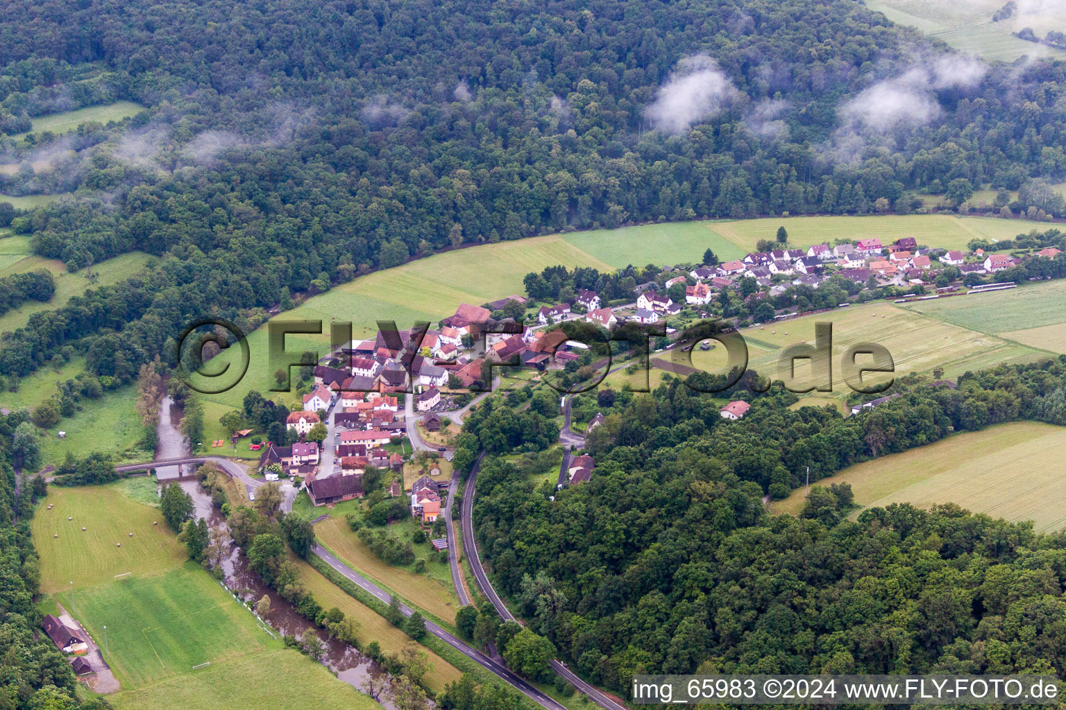 Village on the river bank areas of fraenkischen Saale in the district Morlesau in Hammelburg in the state Bavaria, Germany