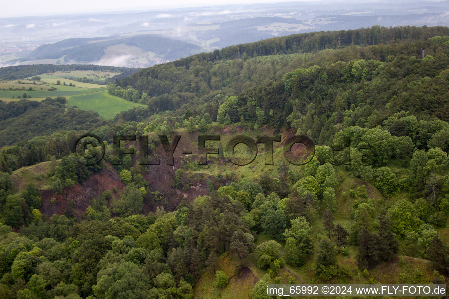 Aerial photograpy of Old Basalt Quarry Sodenberg in the district Morlesau in Hammelburg in the state Bavaria, Germany