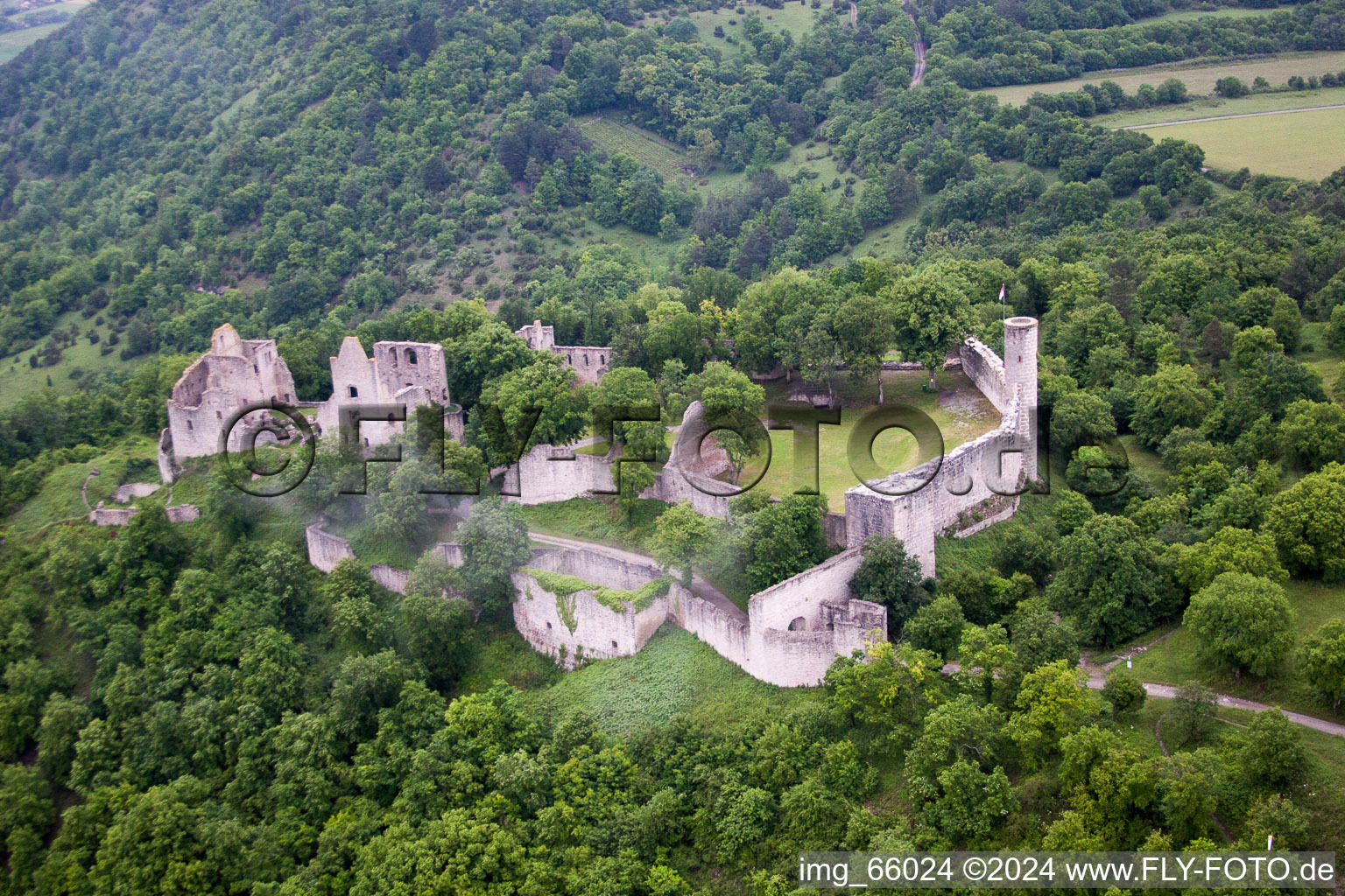 Aerial view of Ruins and vestiges of the former castle and fortress Burgruine Homburg bei Goessenheim in Goessenheim in the state Bavaria, Germany