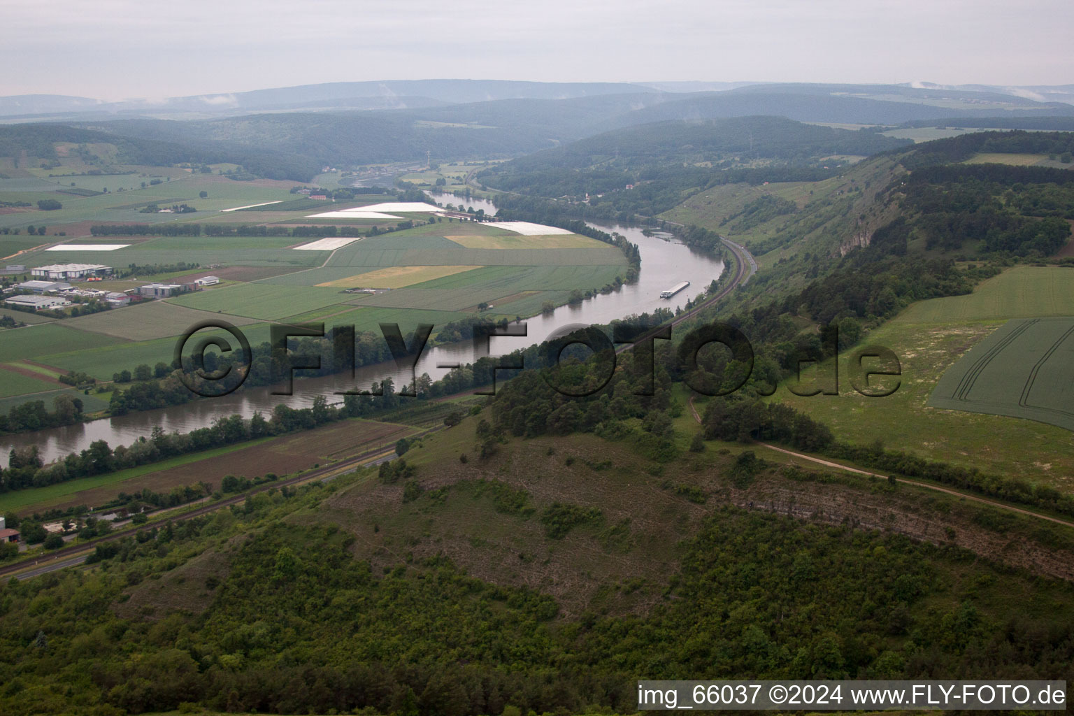 Aerial view of Main towards Gambach in Karlburg in the state Bavaria, Germany