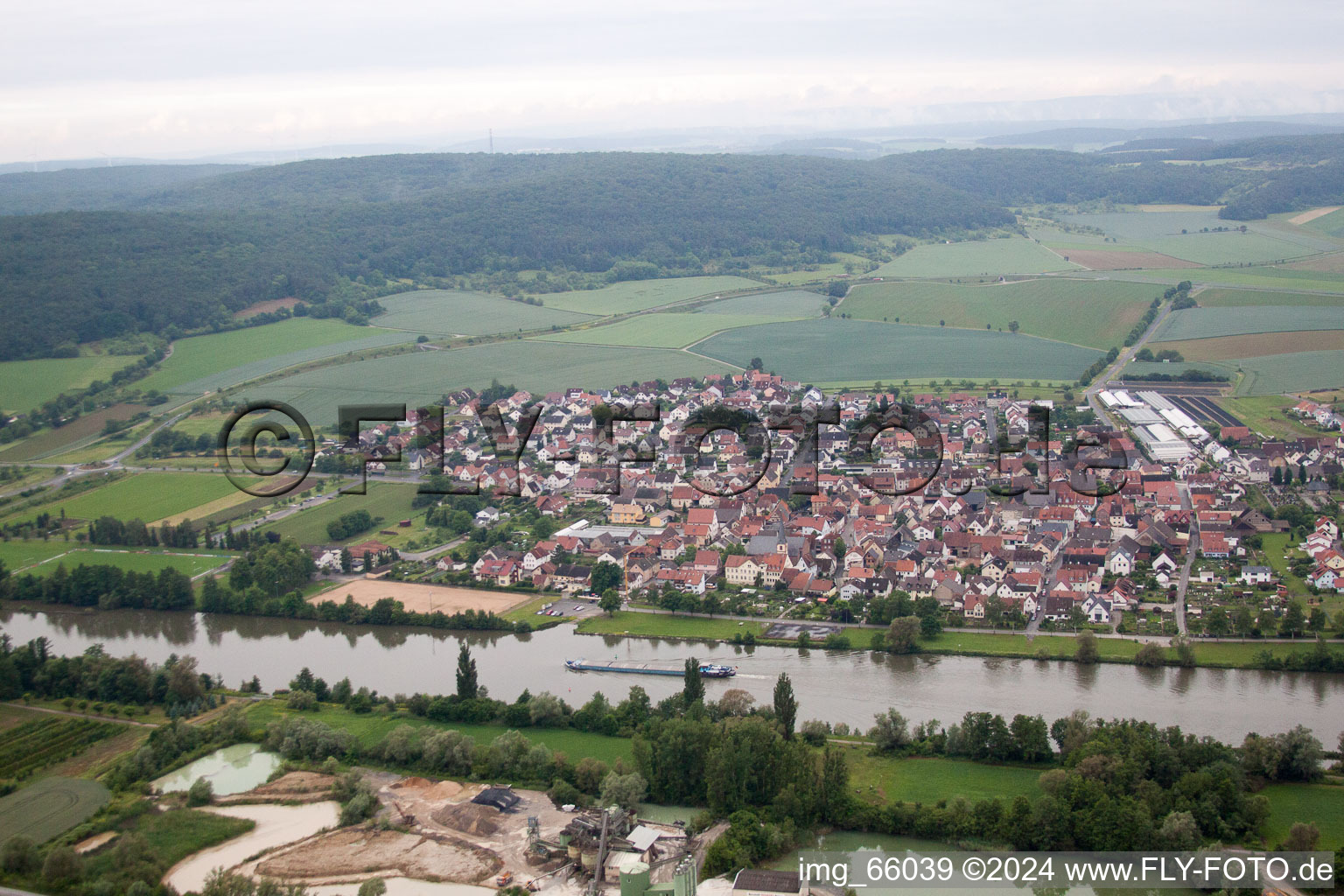 Aerial view of Karlburg in the state Bavaria, Germany