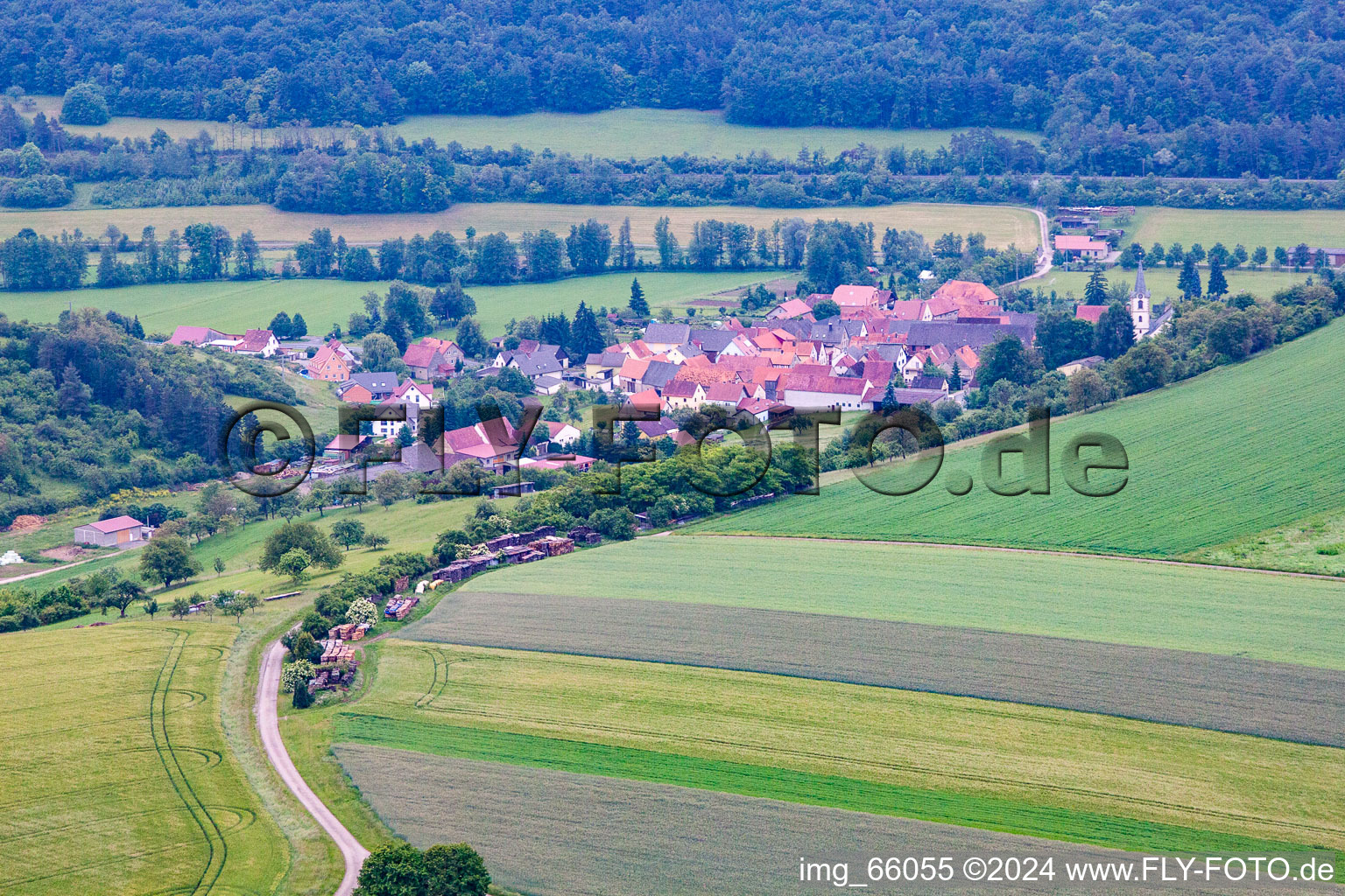 Aerial view of District Halsheim in Arnstein in the state Bavaria, Germany