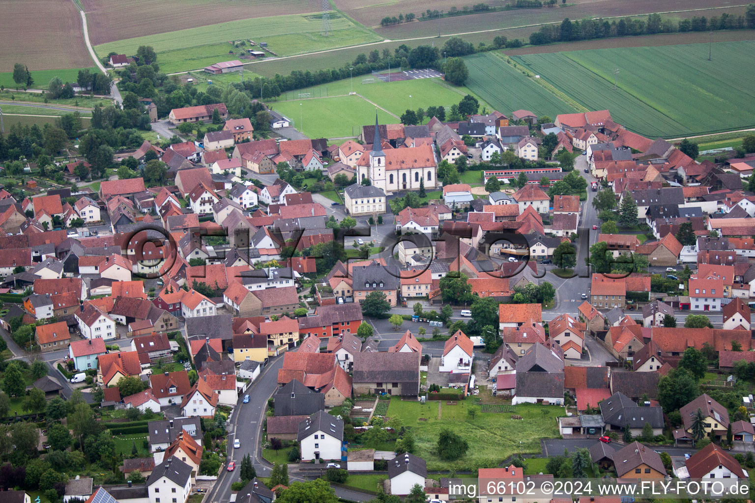 Oblique view of Village view in Zeuzleben in the state Bavaria, Germany