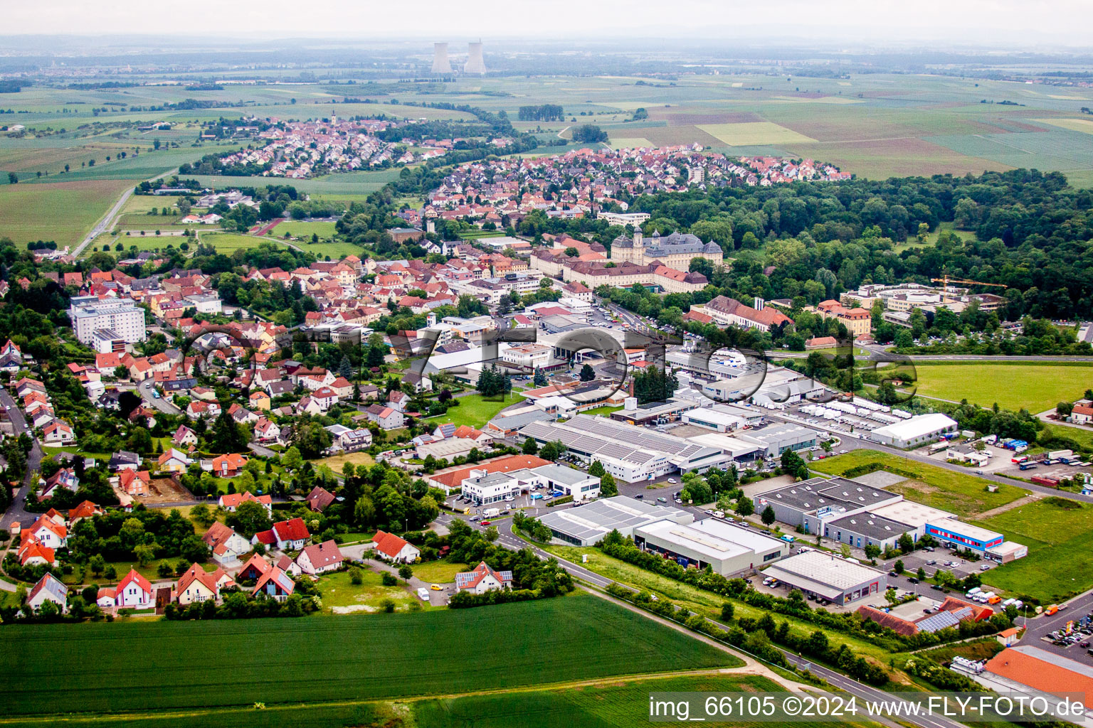 Aerial view of Industrial estate and company settlement in Werneck in the state Bavaria, Germany